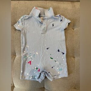 Polo by Ralph Lauren Baby Blue Paint-Splatter Polo Shortall 24M preppy summer